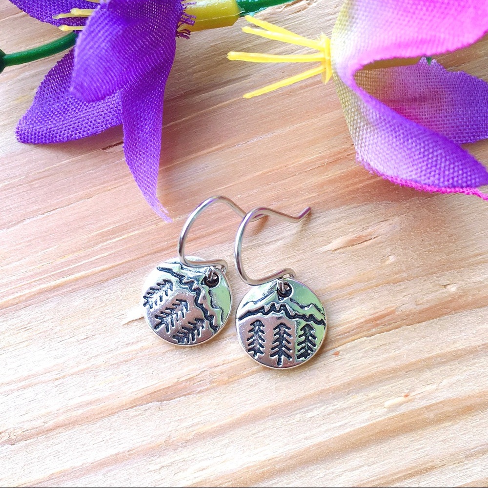 Antiqued Silver Mountain And Pine Tree Earrings